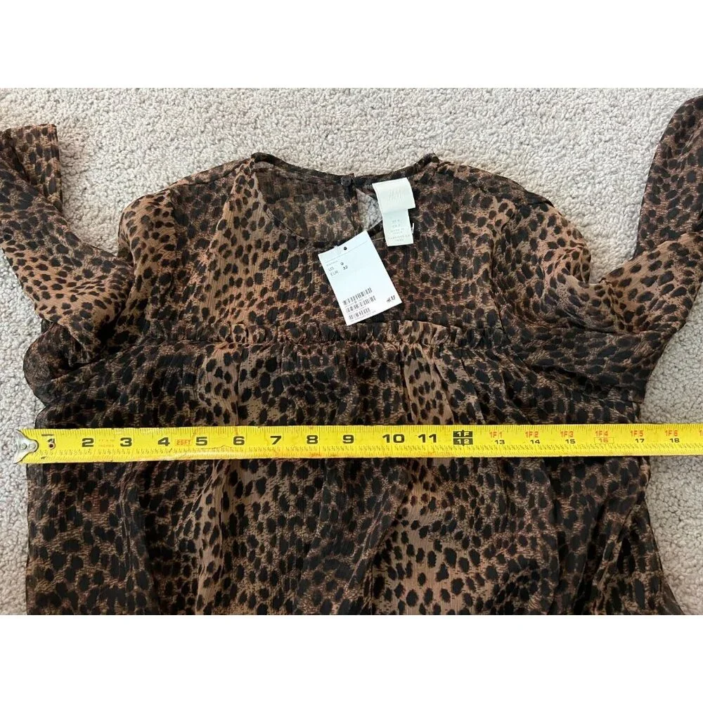 H&M Womens Brown Animal Print Long Sleeve Chiffon Dress Ruffled Size 0‎ NWT